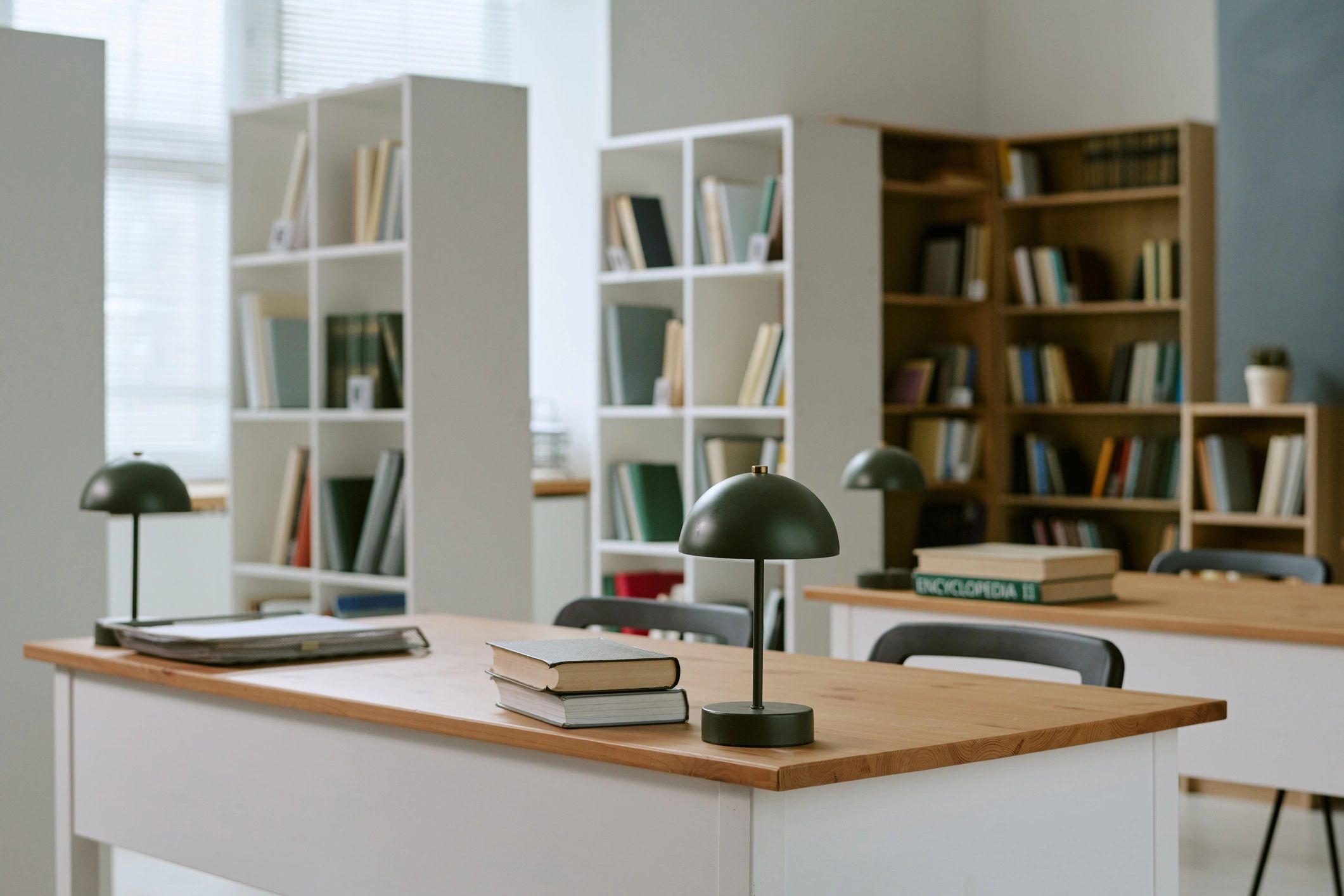 Library study area with books and reading tables