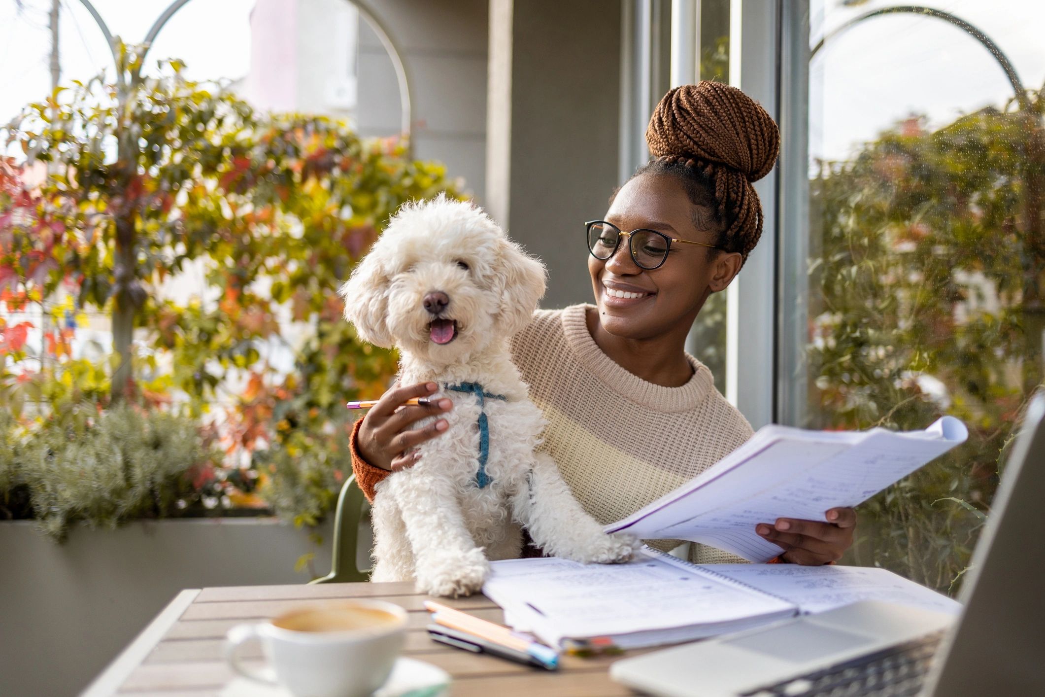 Author working with a dog while using a laptop